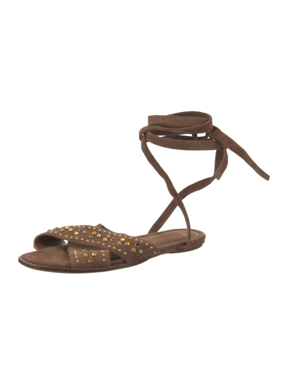 Maje Brown Suede Lace-Up Flat Sandal with Gold Studs